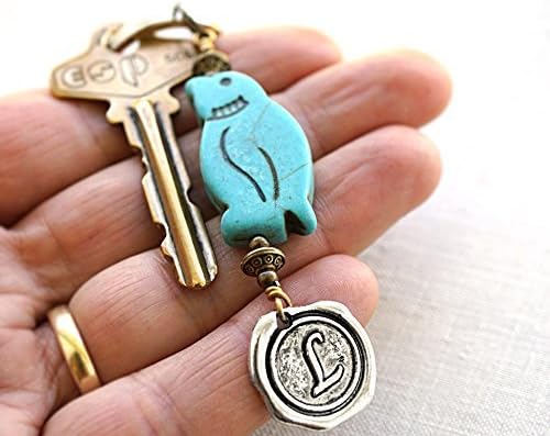 Personalized Penguin Keychain Silver Wax Seal Initial Monogram Custom Keyring Blue Turquoise Keychain, best friends gifts Handmade and Crafted by KapKaDesign
