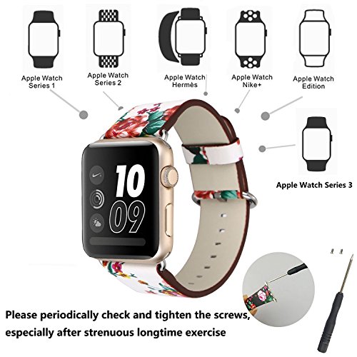 YOSWAN Bracelet For Apple Watch, National Black White Floral Printed Leather Watch Band 38mm 42mm Strap For Apple Watch Flower Design Wrist Watch Bracelet, White/Red Flower