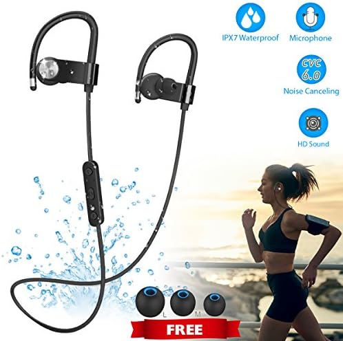 Bluetooth Headphones IPX7 Waterproof Wireless Earbuds In-Ear with Microphone Noise Canceling Gym Headphones for Running Stereo Earphones Sweatproof Sports Headset, 8-10 Hours Long Play Time (Black)