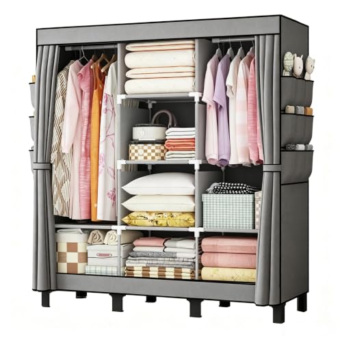 lishbie Portable Wardrobe Bedroom Storage Wardrobe for Clothes Simple Hanging Grey