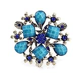 Buyinhouse Antique Style Female Ladies Girls Vintage Brass Plated Blue Rhinestones Crystals Pearls Flower Petals Leaves Brooches Pin Clips