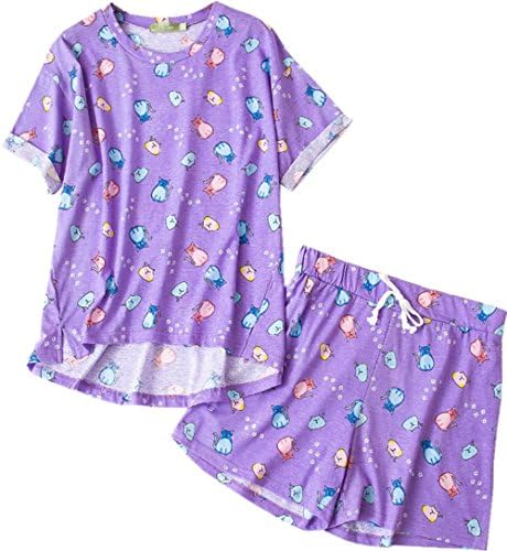 Amoy madrola Women's Sleepwear Cute Cartoon Print Tee and Shorts Pajama Set SY214 -Purple-M