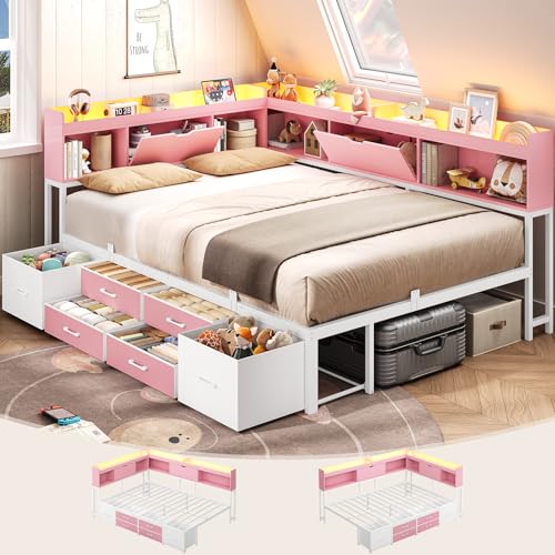 AOGLLATI Full Size Corner Bed Frame with 6 Storage Drawers and Bookcase
