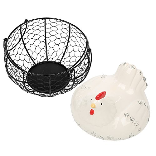 Black Metal Mesh Wire Egg Storage Basket with White Ceramic Farm Chicken Top and Handles