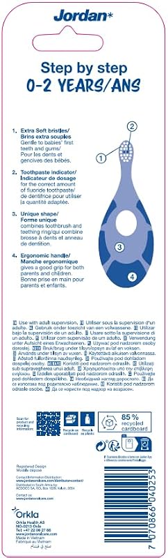 Jordan ® | Step 1 Baby Zahnbürste | Baby Zahnbürste 0-2 Jahre | Die Original Kleinkindzahnbürste mit extra weichen Borsten und weichem Beißring für Babygummis und Easy Grip | Gemischt | 2-pack