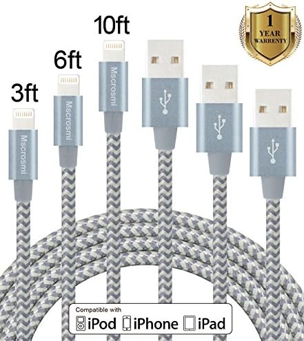 Mscrosmi 3Pack 3FT 6FT 10FT Nylon Braided Lightning to USB Sync Charge Cable Cord Charger with Aluminum Connector for iPhone 7/7 Plus/6s/6s Plus/6/6Plus/5s/5c/5, iPad/iPod (gray)