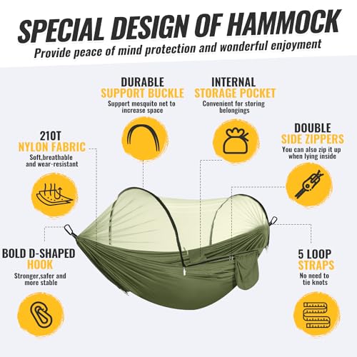 Ultralight Outdoor Hammock with Mosquito Net 300 kg Load Capacity Travel Hammock Camping Breathable Quick-Drying Portable Parachute Nylon Hammock for Backpacking, Hiking, Garden