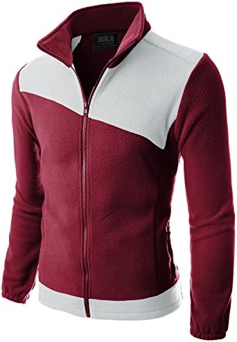 Doublju Mens Long Sleeve Colorblocked Fleece Zip-Up Jacket WINEWHITE MEDIUM