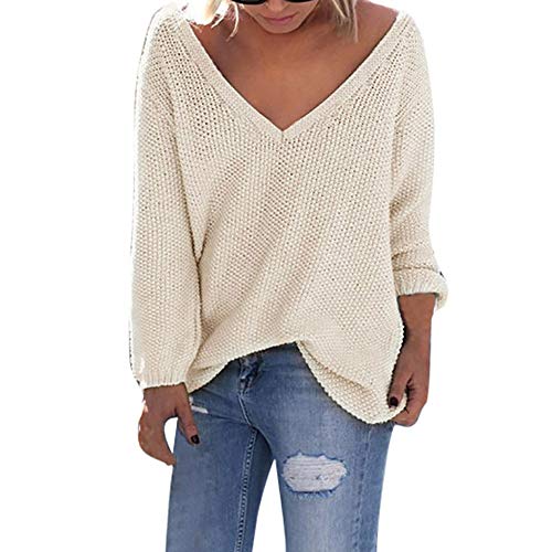 ANJUNIE Women Deep V-Neck Sweater Solid Long Sleeve Loose T-Shirt