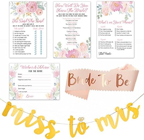 Floral Bridal Shower Games Pack | Set of 4 Party Games | 50 Sheets each | with Bonus Bride-To-Be Sash &amp; Miss To Mrs Banner for Wedding Shower Decorations | Including Wedding Advice Cards