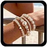 Allereyae Vintage Layered Pearl Bracelet Gold Pearl Chain Bracelet Pearls Bangle Bracelets Elastic Heart Bracelets Pearls Hand Chain Jewelry for Women