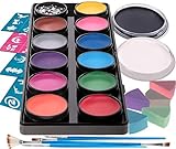 Face Paint Kit for Kids – 14 Premium Set, 12 Palette, 2 x .67 floz Black/White, 30 Stencils, 5 Brushes, Safe Kids Facepainting for Sensitive Skin, Professional Facepaints - Halloween Makeup Kit Body