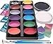 Face Paint Kit for Kids – 14 Premium Set, 12 Palette, 2 x .67 floz Black/White, 30 Stencils, 5 Brushes, Safe Kids Facepainting for Sensitive Skin, Professional Facepaints - Halloween Makeup Kit Body