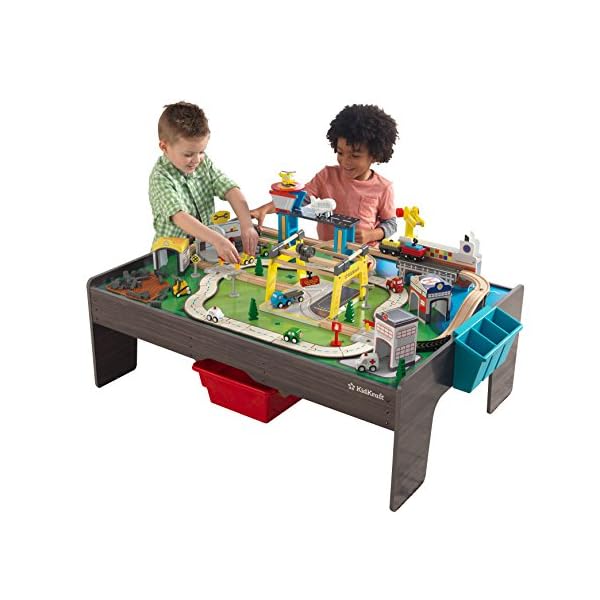 KidKraft 18026 My Own City-Fahrzeug und -Spieltisch mit EZ Kraft Assembly Bahngleis-Set und Tisch aus Holz, Grau