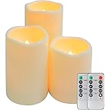 Fmix Flameless Candles, 1000hrs Battery Operated Candles with Remote, 3Pcs Ivory Plastic Flickering Pillar Candles, Waterproo