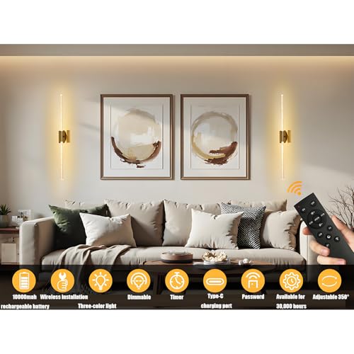 ALISMAEEL Wall Sconces Set of Two Battery Operated Wall Sconce 350° Rotation 10000mAh Wall Lights 3000K-6000K Tri-Color Dimming Equipped with Eemote Control for Bedroom, Living Room, Hallway, Bathroom