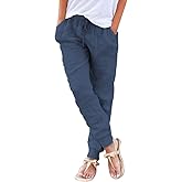 Puimentiua Womens Tapered Pants Cotton Linen Drawstring Back Elastic Waist Pants Casual Trousers with Pockets
