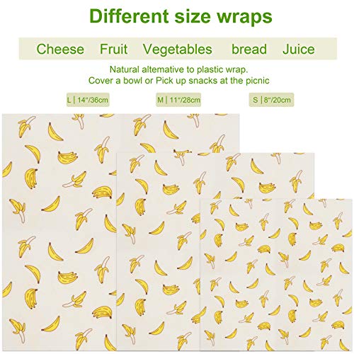 Reusable Beeswax Food Wrap 3 Piece, SKOLOO Bees Wax Paper Wrap, Sustainable Plastic Free Food Storage - 1 Small, 1 Medium, 1 Large, Banana Beeswax Wraps