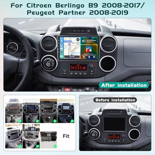 Hikity Android 15 6+128GB Car Radio DSP Carplay for Citroen Berlingo B9 2008-2017/Peugeot Partner 2008-2019 Aves 9" Screen, Auto Radio Aves Wireless Carplay Android Auto, BT/WiFi/FM/RDS+CAM+MIC