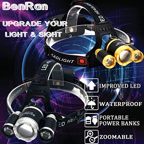 BenRan Headlamp Super Bright Automatic Sensor Switch Light CREE T6 Adjustable Focus Zoom Lights Lamp,Headlight Bicycle LED Flashlight,4 Modes (Gloden-10000lm)