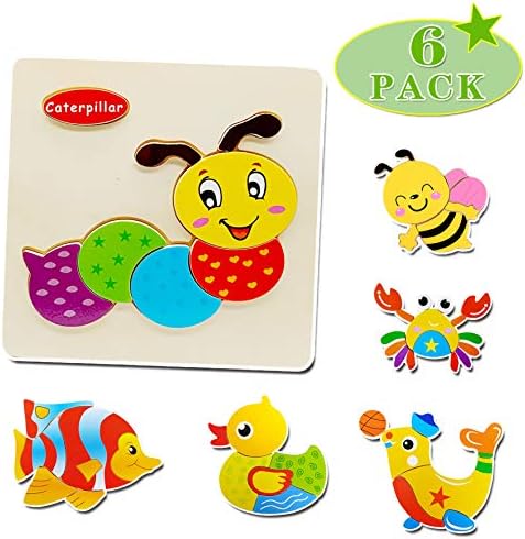 Wooden Toddler Puzzle (Set of 6) Animal Jigsaw Floor Puzzles Education Learning Toys for Kid 3 4 5 Years Old -Crab, Duck, Bee, Fish, Dolphin and Caterpillar