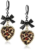 Betsey Johnson Crystal Leopard Heart and Black Bow Drop Earrings