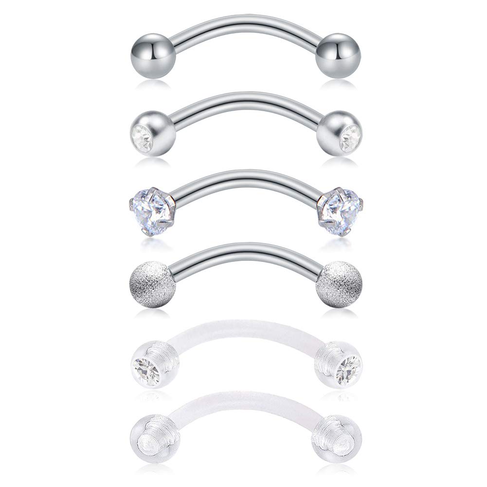 MODRSA 16G Stainless Steel Lip & Belly Rings - Helix & Cartilage Earrings - 6 PCS Curved Barbell Piercing