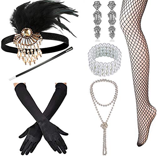 1920s Accessories Set Flapper Headband,Gloves,Net Tights,Pearl Bracelet, Set12