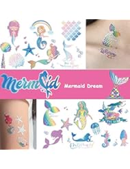 Ooopsi Mermaid Party Supplies Temporary Tattoos for Kids - 7 Large Sheet, 100+ Glitter Styles, Mermaid Party Favors and Birthday Decorations for Children Girls