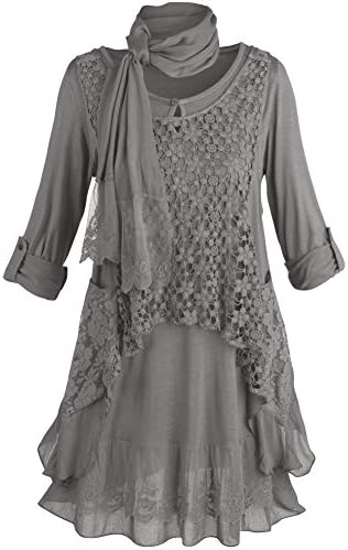 Women's Tunic Top Set - Clouds Of Lace 2 Piece Shirt And Vest - Gray - 1X