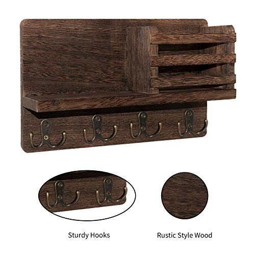 Wooden Key Holder Mail Sorter Organizer with 4 Key Hooks Wall Mounted
