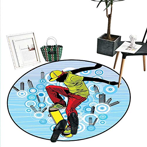 Youth Round Rugs for Bedroom Teenager Playing Skateboard on 