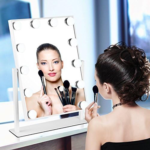 MRah Hollywood Makeup Vanity Mirror - White Lighted Makeup Mirror Tabletops Lighted Mirror, LED Illuminated Cosmetic Mirror with LED Dimmable Bulbs
