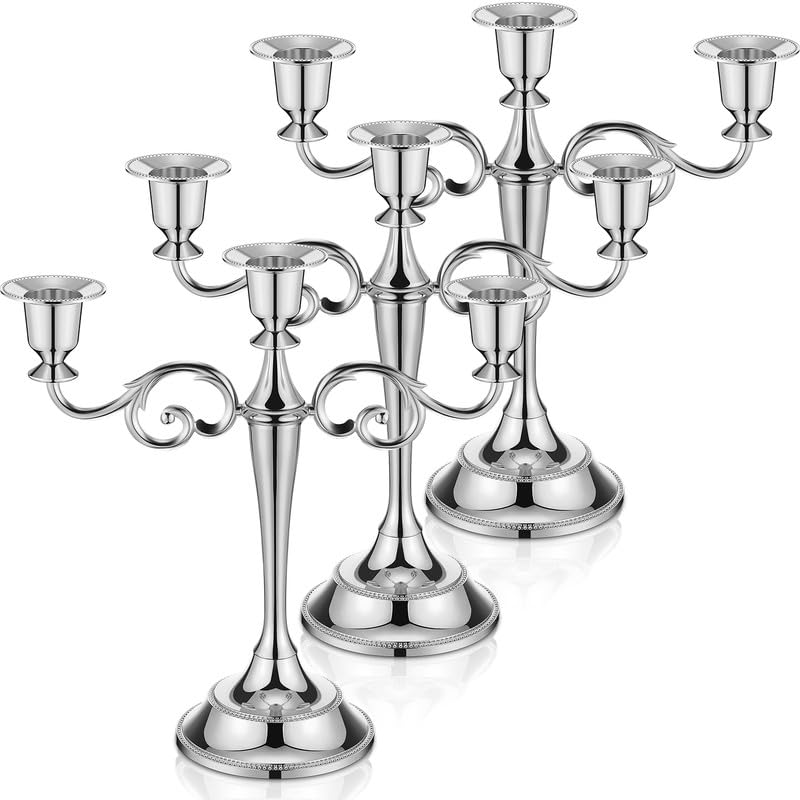 Photo 1 of Dandat 3 Pcs 3 Arm Metal Candelabra Candlestick Holders 10.24 Inch Tall Candlestick Holders Gothic Candle Holder for Home Wedding Church Christmas Party(Silver)