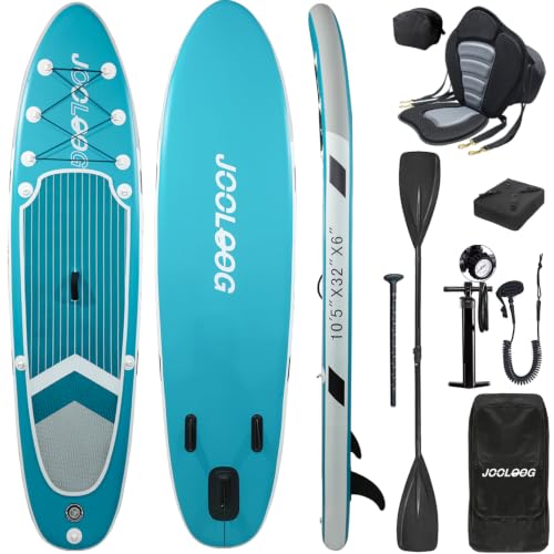 JOOLOOG Inflatable Stand Up Paddle Board with Seat for Adults,32" Wide SUP | 10'6" Inflatable SUP with seat & 4-piece paddle, cooler bag, camera mount, pump, backpack. Perfect for fishing & cruising