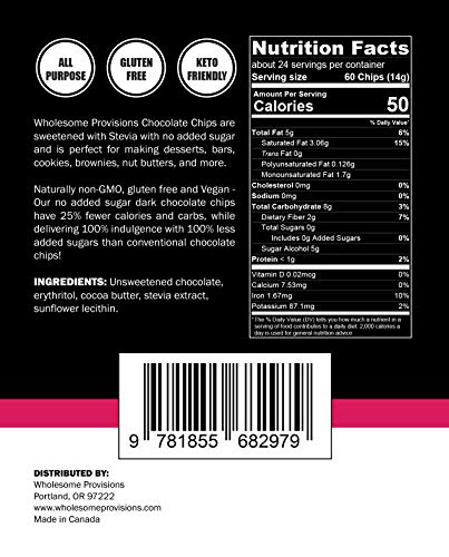 Sugar Free Chocolate Chips, Stevia Sweetened, 12 oz. Value Size, Non-GMO, Vegan, Keto, Low Carb, 60% Cocoa, All Natural, Baking Chips, Gluten Free, No Sugar Added