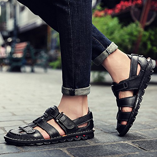 JIONS Closed Toe Leather Fisherman Sandals For Men, Men's Casual Outdoor Adjustable Strap Summer Shoes Black US 6.5/EU 38