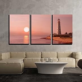 3 Piece Canvas Wall Art - Lighthouse and Sunset - Modern Home Art Stretched and Framed Ready to Hang - 16"x24"x3 Panels