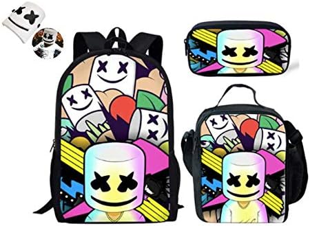 3 Piece DJ Bag Set for Boys and Girls | Backpack, Lunch Bag, Pencil Case | for Travel, School, Concerts, Outdoor Activities, Etc. | Free Marshmellow MASK (White)