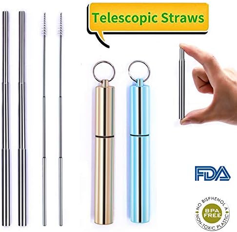 JUGREAT Telescopic Reusable Drinking Straws，Telescopic Straw 9’’ Stainless Steel Metal Straws BPA-Free FDA Approved Portable Drinking Reusable Straw 1 Gold Case, 1 Blue Case,2 Cleaning Brush,2 Pack