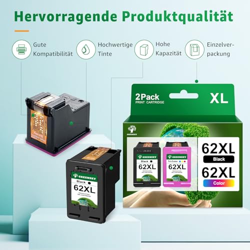 GREENSKY 62XL Kompatibel Ersatz für HP 62 Druckerpatronen 62 XL 62XL schwarz und Farbe Patronen für HP OfficeJet 250 200 5740 5742 Envy 5540 5548 7640 5640 5646 (1 Schwarz, 1 Farbe)