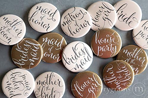 Wedding Party Buttons, Set of 10, Scripted Design, Choose Your Titles, Bridesmaid, Maid of Honor, Matron of Honor, Bachelorette Party Pinback Button Gold and Blush Options