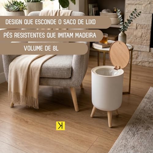 Lixeira Retrô De Plástico Resistente Com Tampa Click Pés Estilo Madeira 8L Branca Para Diversos Ambientes