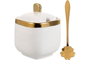 Luxshiny Ceramic Spice Jar with Lid and Spoon Seasoning Box Condiment Pot Sugar Bowl Spice Container for Restaurant White