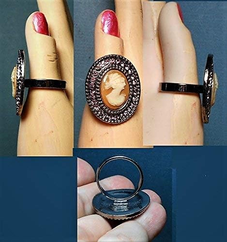 Shell Cameo RING, 1 Gunmetal Rhinestone Ring,"Ceres" Hand Carved Cameo with Wheat in Hair, One Of A Kind