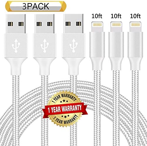 Ulimag Lightning Cable 3Pack 10FT Nylon Braided Certified iPhone Cable USB Cord Charging Charger for iPhone X, 8, 8 Plus, 7, 7 Plus, 6s, 6s Plus, 6, 6 Plus, SE, iPad (Silver)