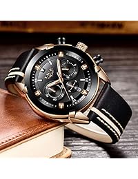 LIGE Relojes para Hombres Deportes Cronógrafo Impermeable Reloj de Cuarzo Analógico con Banda de Cuero Negro Clásico Casual Gran Cara Hombre Reloj de Pulsera Dorado Negro, Negro