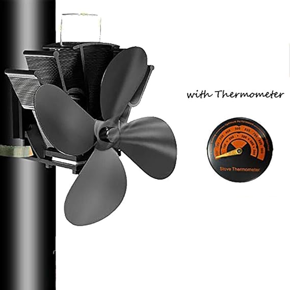 Laisetey Silent Flue Pipe 4 Blades Stove Fan with Thermometer Fireplace