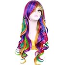 RightOn New Fashion Synthetic Women Girls Sexy Long Wavy Rainbow Multi Colorful Wig with Free Wig Cap (Color Two)