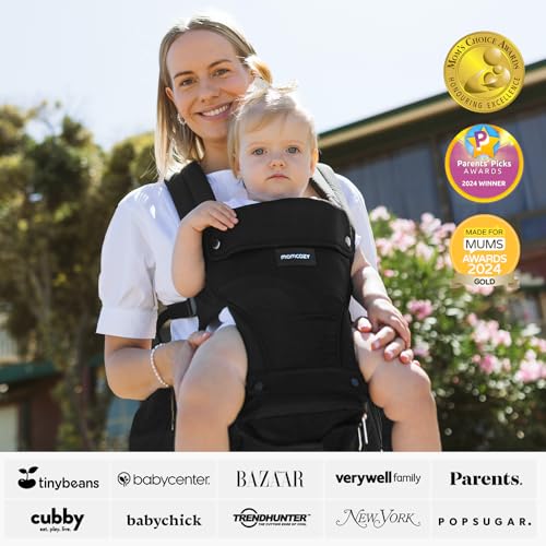 Momcozy Baby Carrier with Hip Seat, 2-in-1 Forward-Facing Hands-Free Infant Carrier for Active Babies, Detachable All-Season Toddler Carrier up to 44lbs, Fits Waist Sizes up to 45 Inches, Black Adjustable,Black